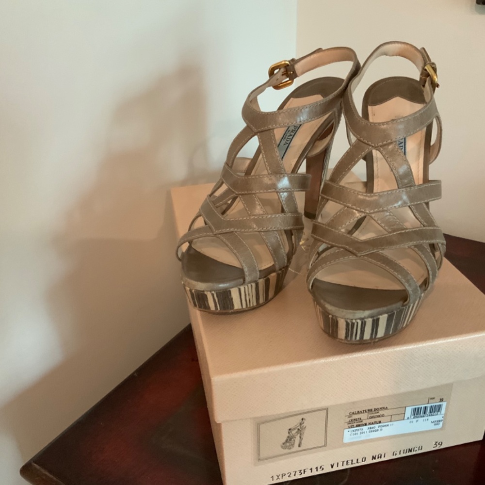 Prada Platform Stiletto Strappy Sandals with striped wooden heals - Picture 9 of 9